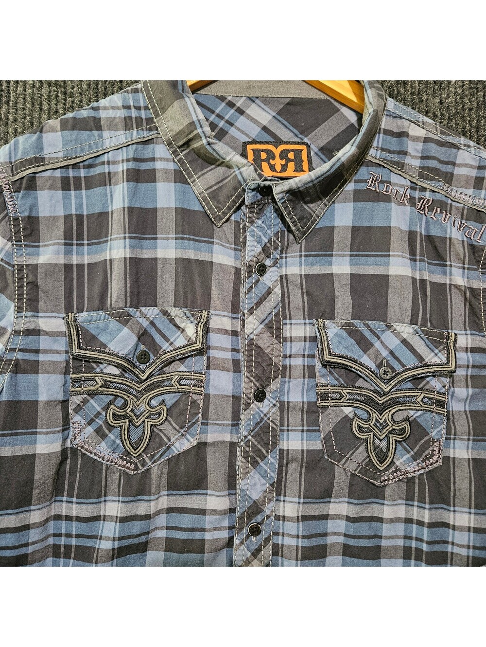 Rock Revival Men's Long Sleeve Blue and Black Plaid Shirt Size L